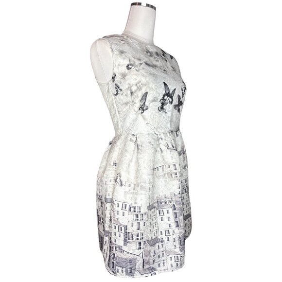 Surreal Butterfly City Print Fit & Flare Mini Dress Medium Jacquard Textured Art - Picture 6 of 16